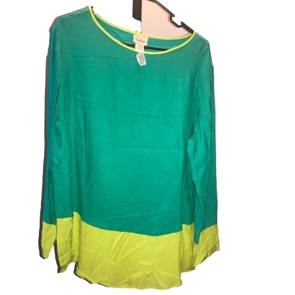 NWT Neiman Marcus teal and yellow 100% silk long sleeve tunic size large - Picture 1 of 4